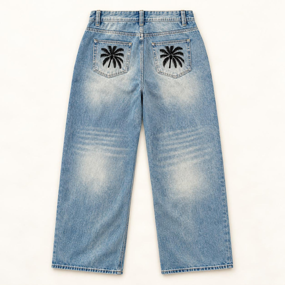 Men's Light Wash Palm Tree Jeans, Relaxed Wide Leg Denim Pants