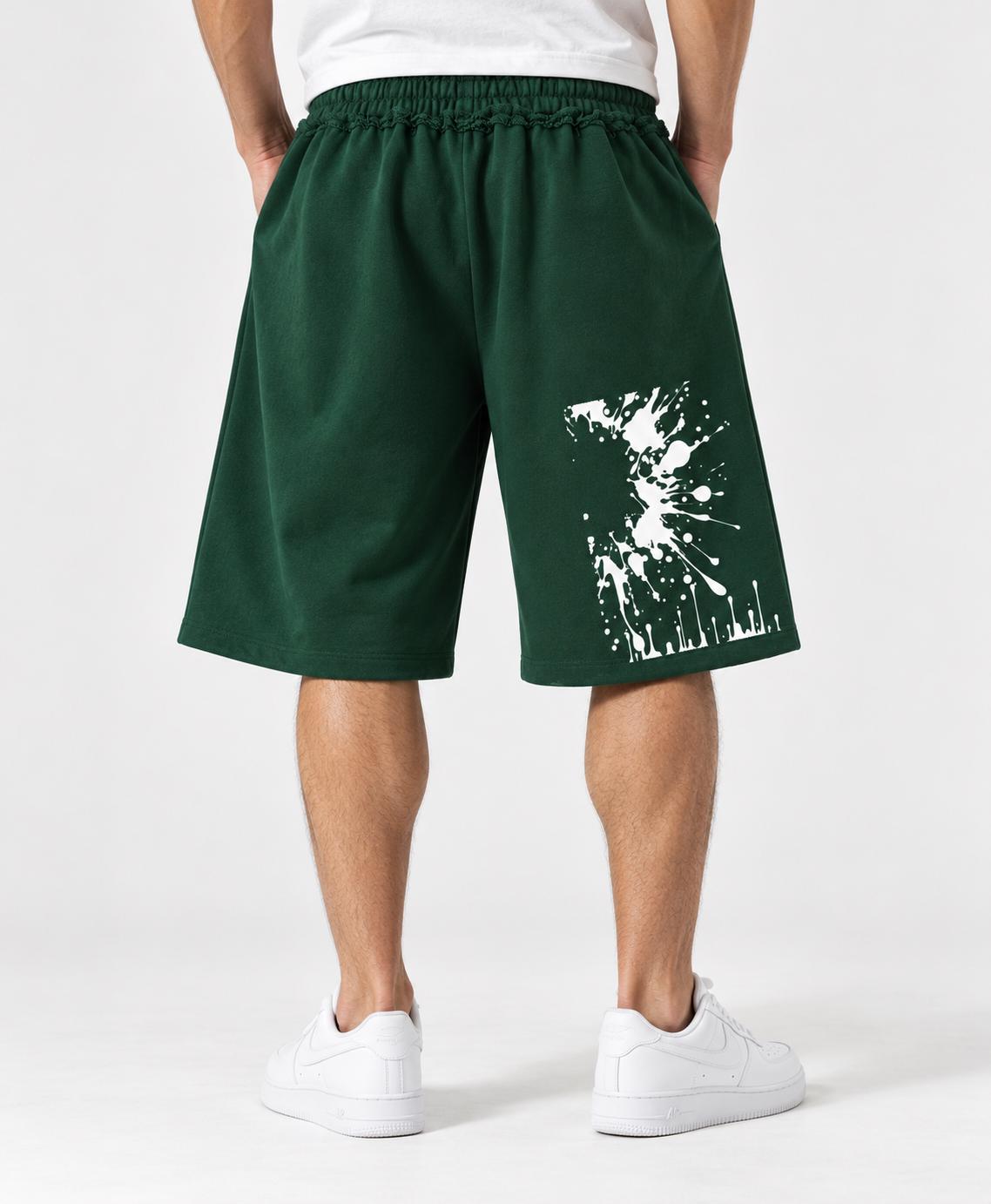 Forest Green Palm Tree Sweat Shorts, White Paint Splatter Graphic, Relaxed Fit