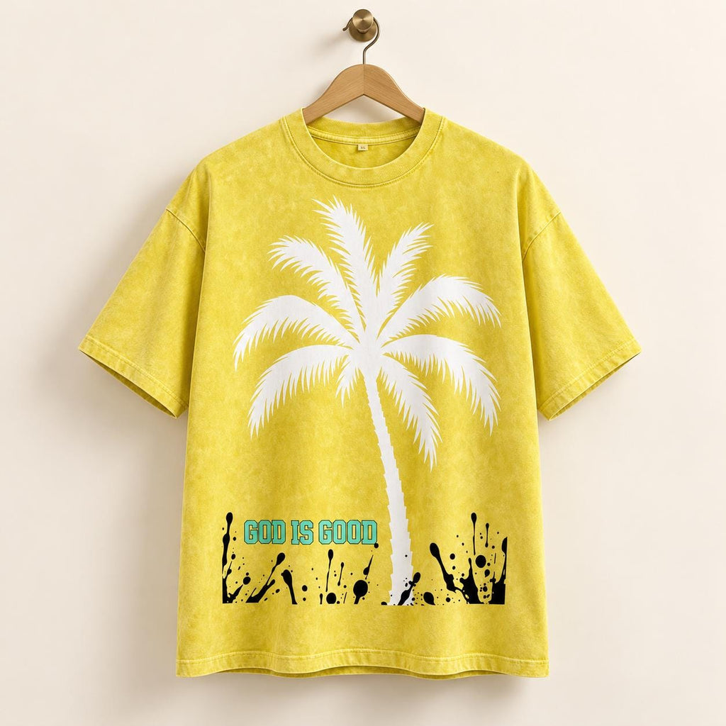 Yellow Oversized Palm Tree T-Shirt, Snow-Washed Cotton, Christian Streetwear