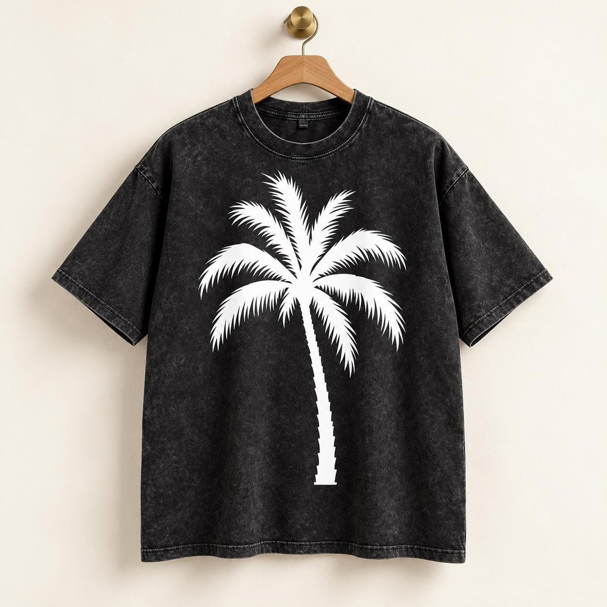 Washed Black Palm Tree T-Shirt, Oversized Graphic Tee with White Splatter Back