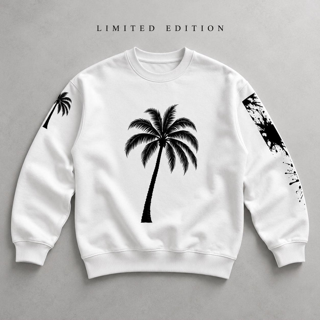 God Is Good Palm Tree Sweatshirt, Paint Splatter Sleeves, Christian Streetwear