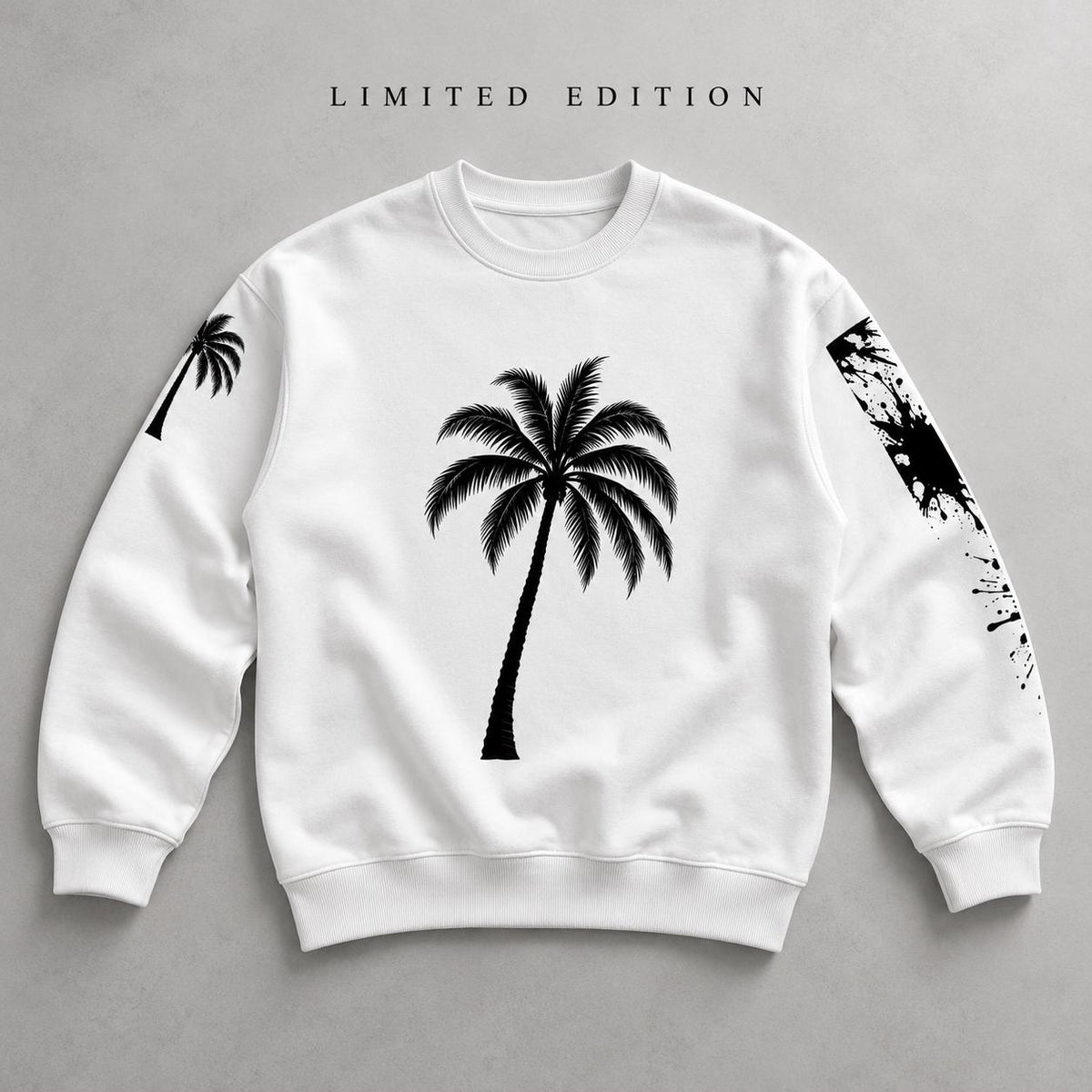God Is Good Palm Tree Sweatshirt, Paint Splatter Sleeves, Christian Streetwear