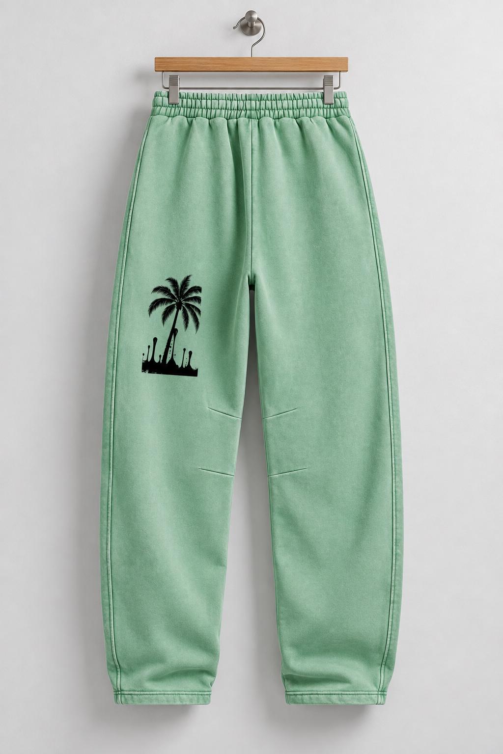 Mint Green Paint Splatter Sweatpants, Palm Tree Graphic, Relaxed Wide Leg Pants