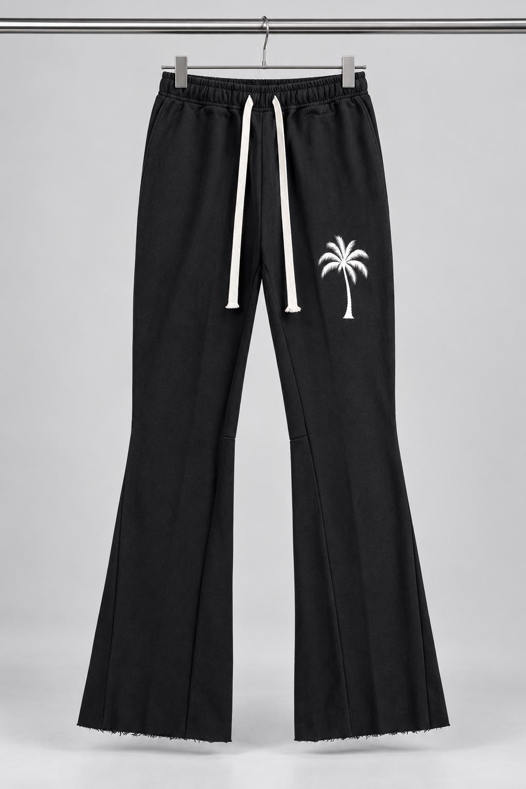 Black Palm Tree Sweatpants, White Paint Drip Graphic, Flared Raw Hem Pants