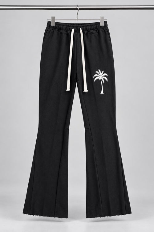 Black Palm Tree Sweatpants, White Paint Drip Graphic, Flared Raw Hem Pants