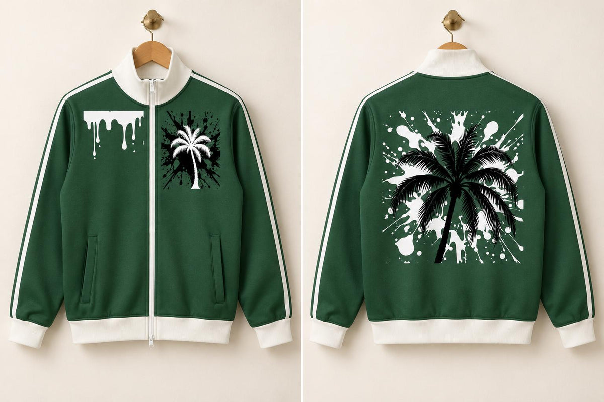 Limited Edition Forest Green Track Jacket, Palm Tree Paint Splatter Art (20 Available)