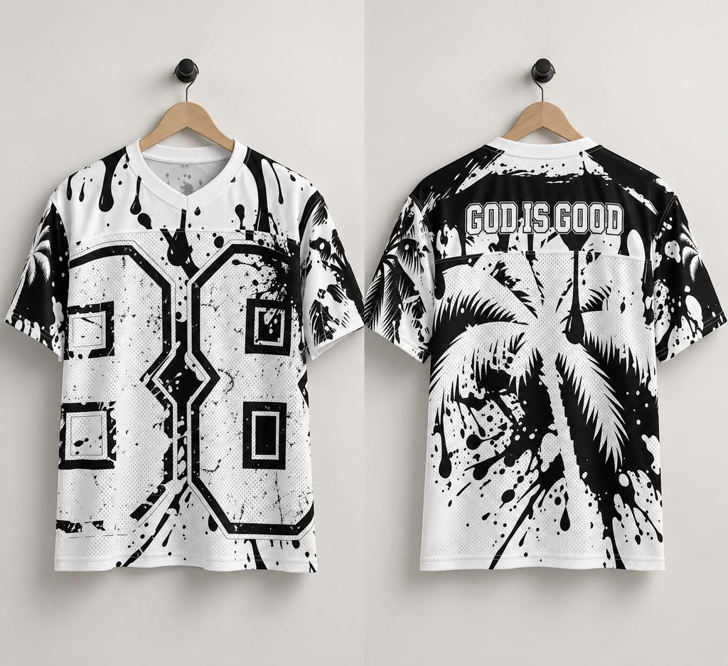 God Is Good 88 Mesh Football Jersey, Black and White Palm Tree & Paint Splatter Streetwear, Limited Edition