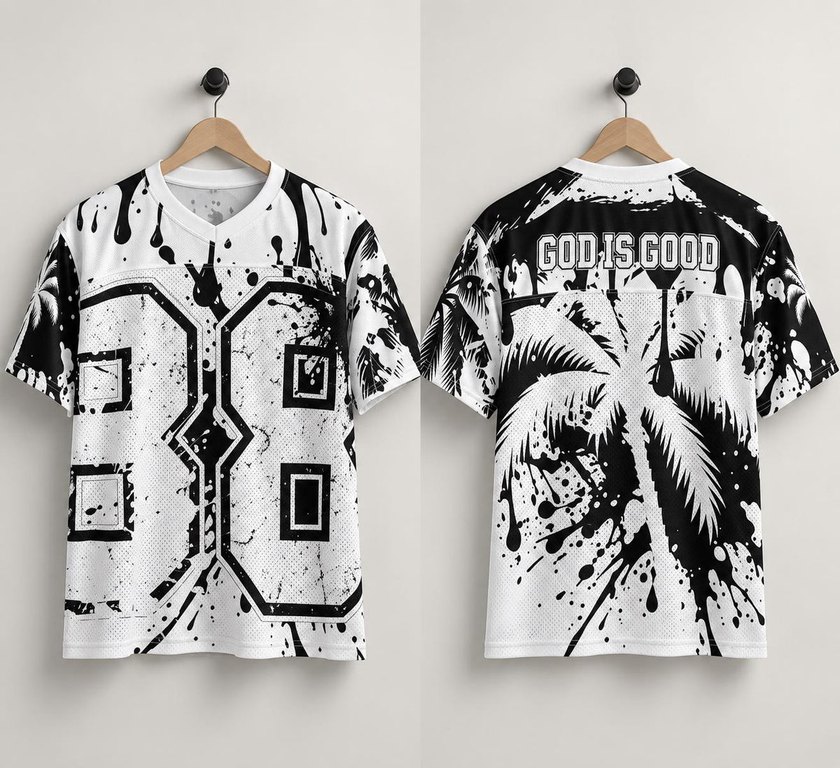 God Is Good 88 Mesh Football Jersey, Black and White Palm Tree & Paint Splatter Streetwear, Limited Edition
