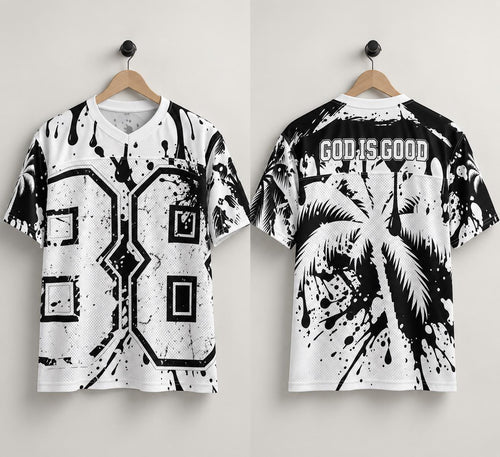 God Is Good 88 Mesh Football Jersey, Black and White Palm Tree & Paint Splatter Streetwear, Limited Edition