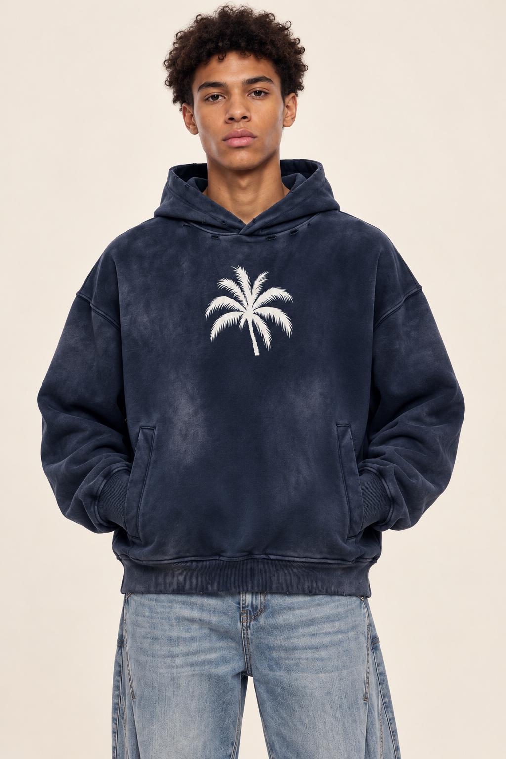 Washed Navy Palm Tree Hoodie, Christian Streetwear Sweatshirt, Oversized Pullover