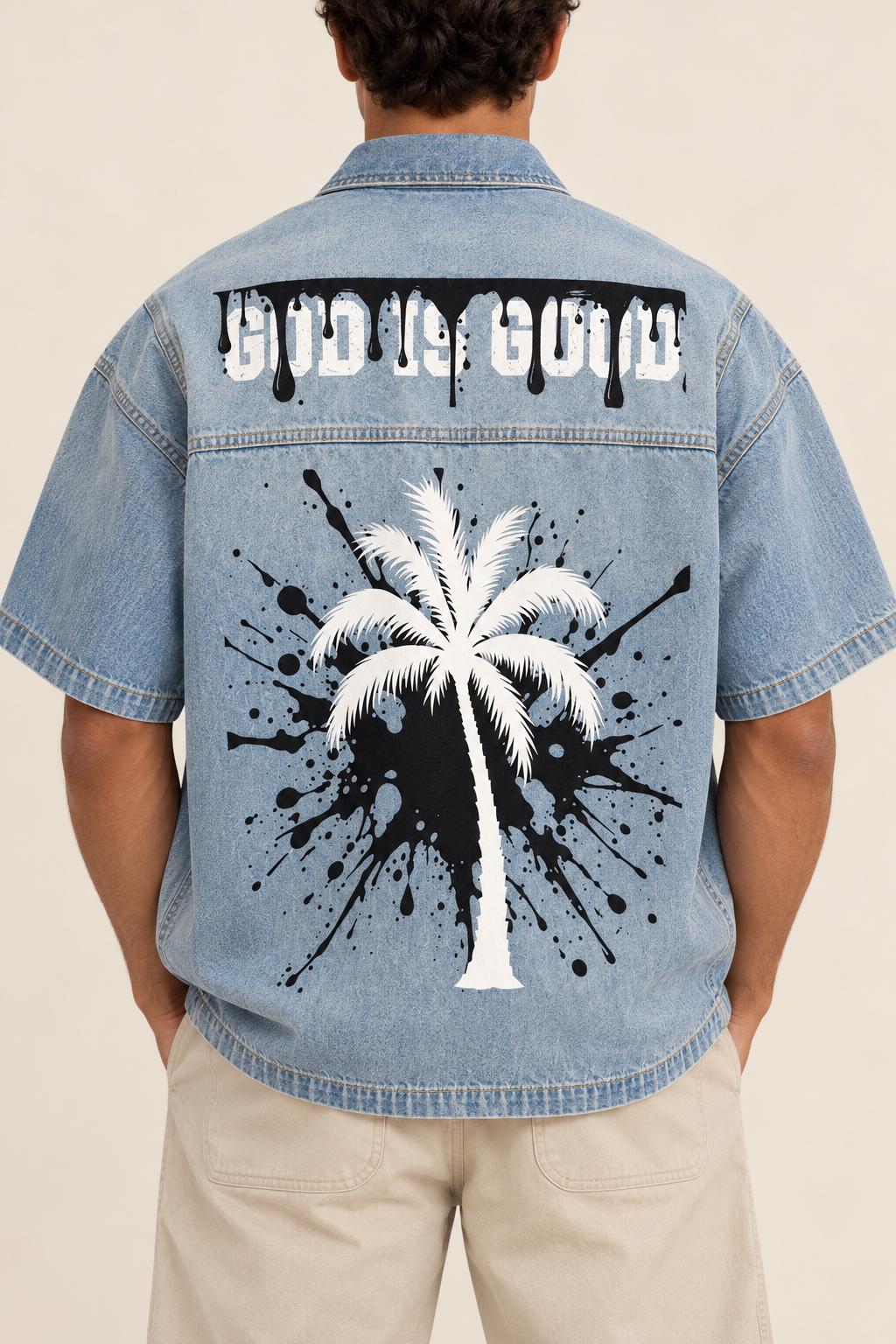 Washed Blue Denim Shirt, Palm Tree Paint Splatter Graphics, Snap Front