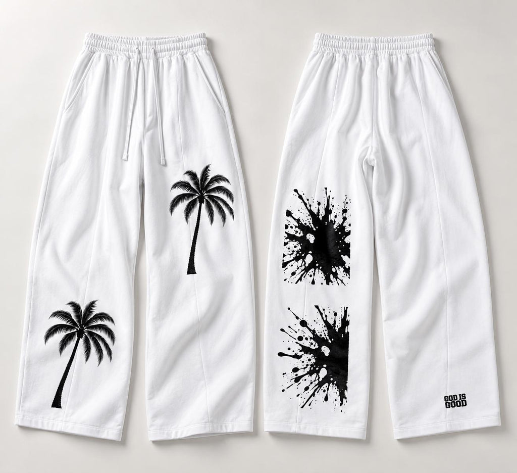White Palm Tree Sweatpants, Black Splatter Wide Leg Pants, God Is Good Graphic Streetwear