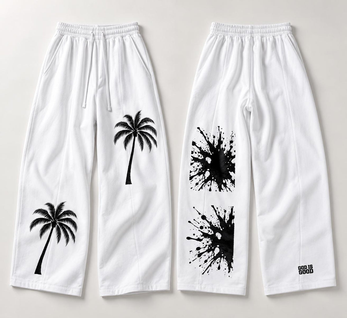 White Palm Tree Sweatpants, Black Splatter Wide Leg Pants, God Is Good Graphic Streetwear