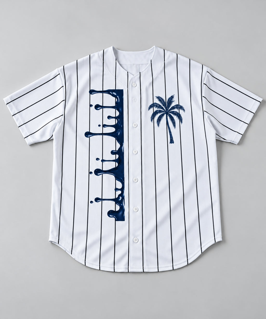 God Is Good Navy Palm & Paint Splatter Pinstripe Baseball Jersey