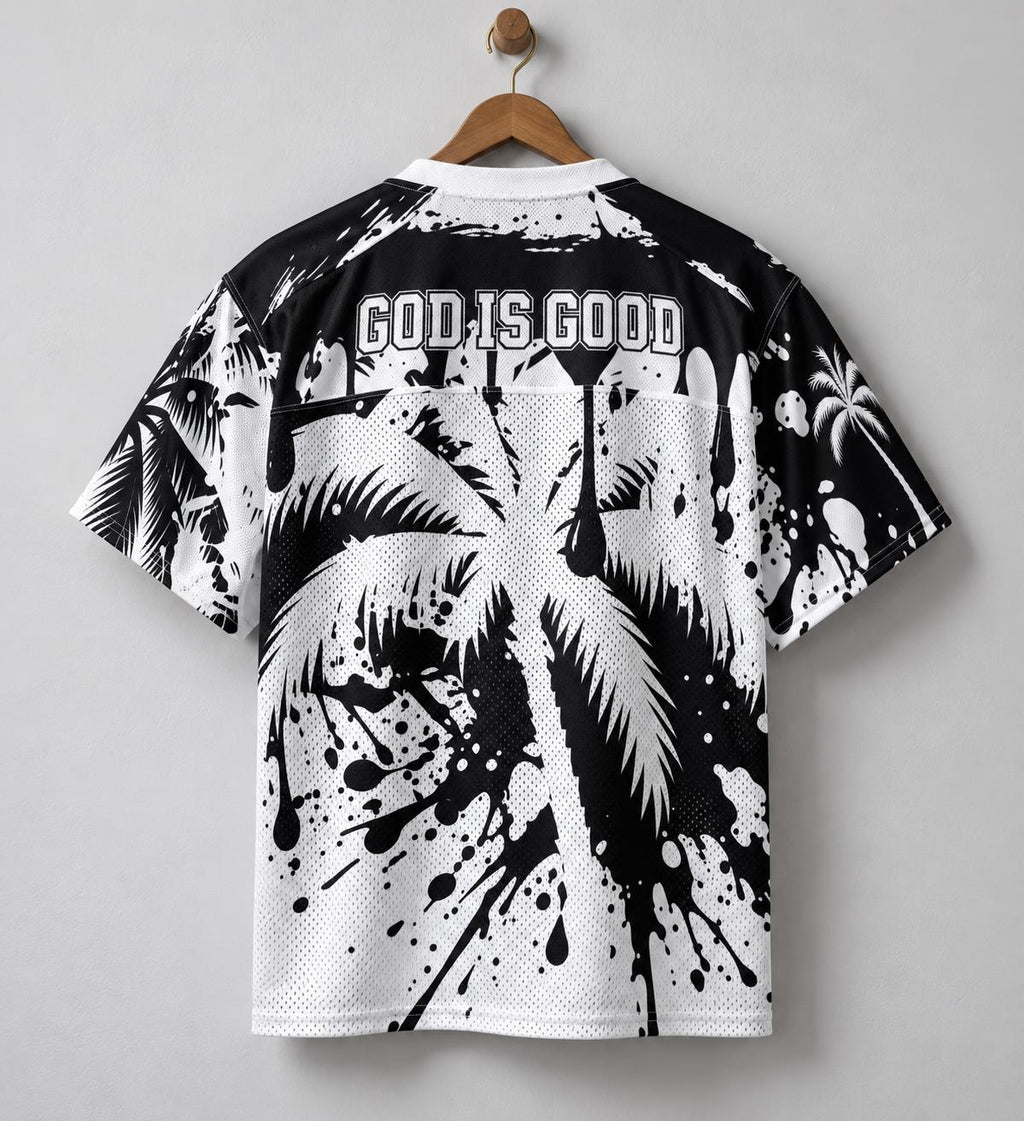God Is Good 88 Mesh Football Jersey, Black and White Palm Tree & Paint Splatter Streetwear, Limited Edition