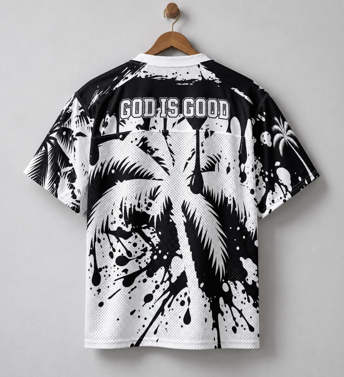 God Is Good 88 Mesh Football Jersey, Black and White Palm Tree & Paint Splatter Streetwear, Limited Edition