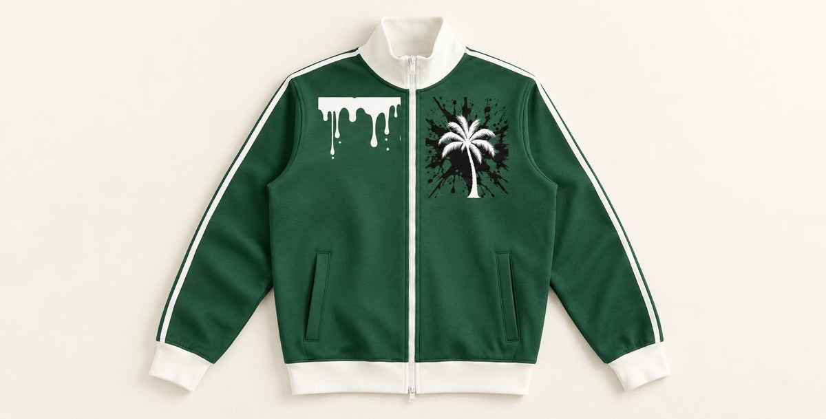 Limited Edition Forest Green Track Jacket, Palm Tree Paint Splatter Art (20 Available)