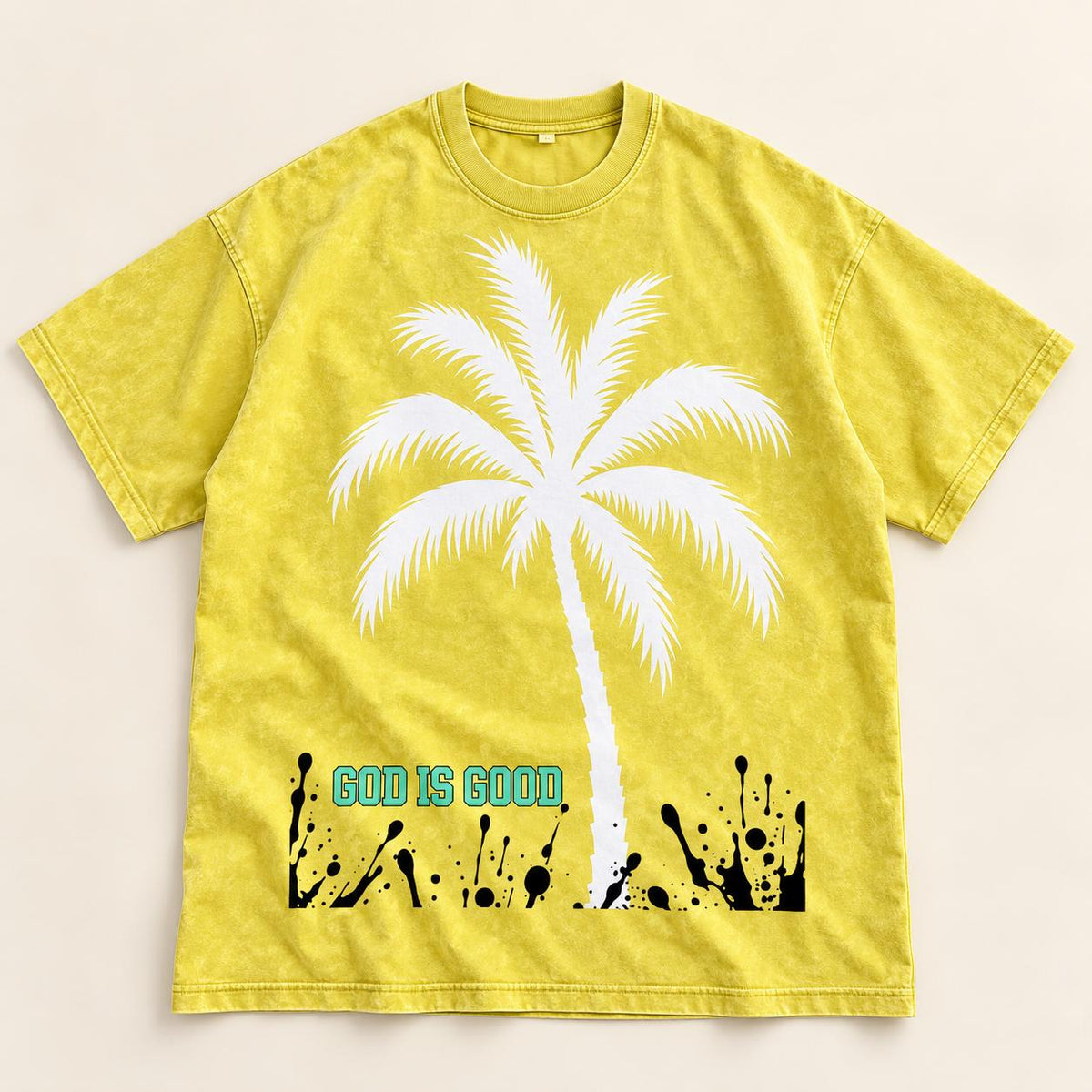 Yellow Oversized Palm Tree T-Shirt, Snow-Washed Cotton, Christian Streetwear