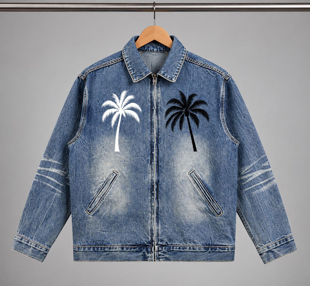Washed Blue Zip-Up with Palm Tree and Paint Splatter Graphics