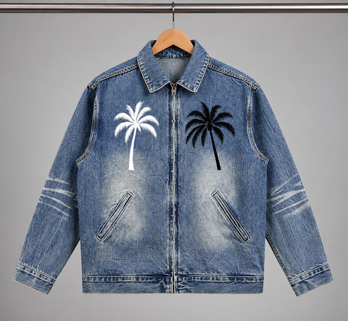Washed Blue Zip-Up with Palm Tree and Paint Splatter Graphics