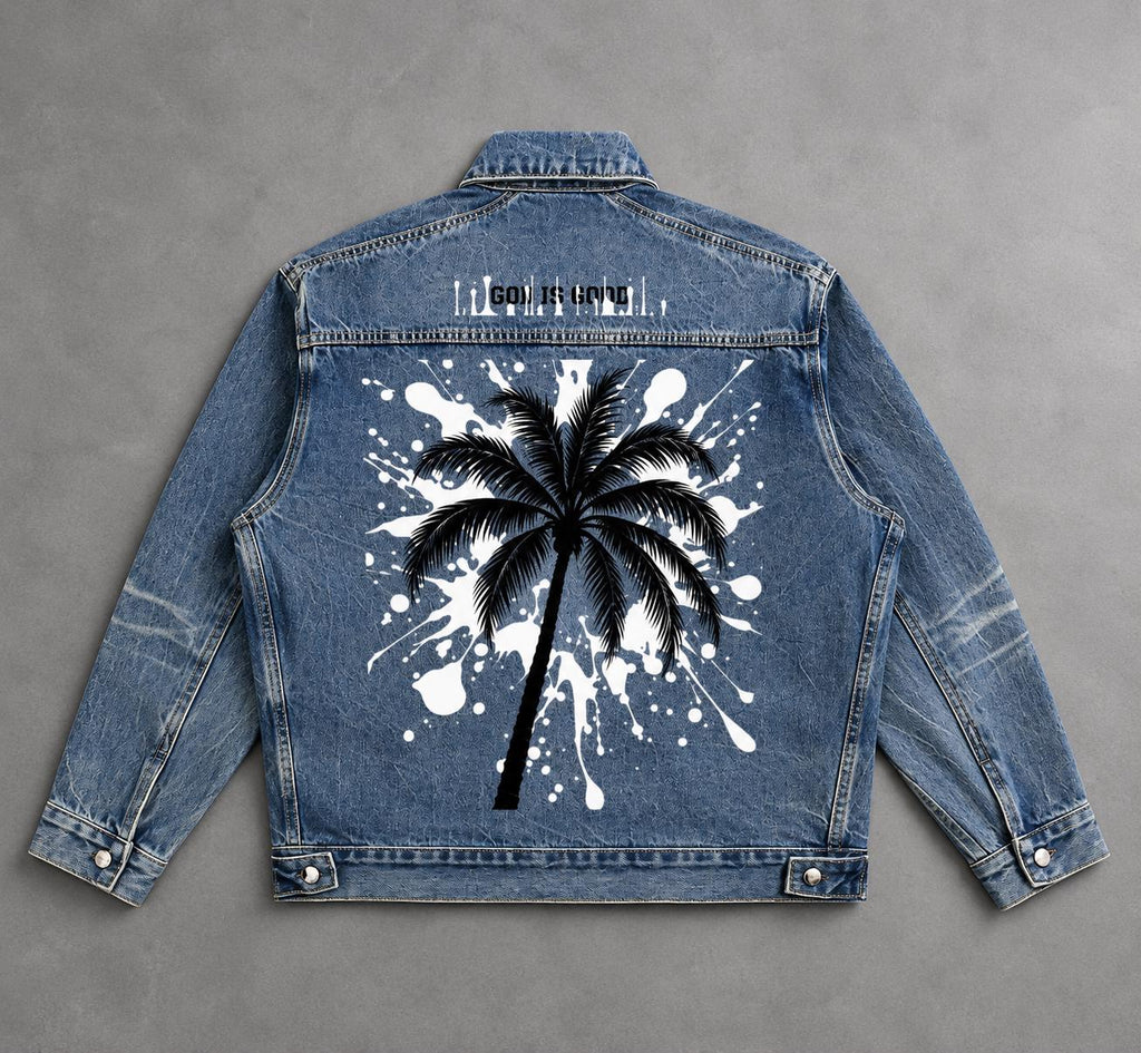 Washed Blue Zip-Up with Palm Tree and Paint Splatter Graphics