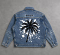 Washed Blue Zip-Up with Palm Tree and Paint Splatter Graphics