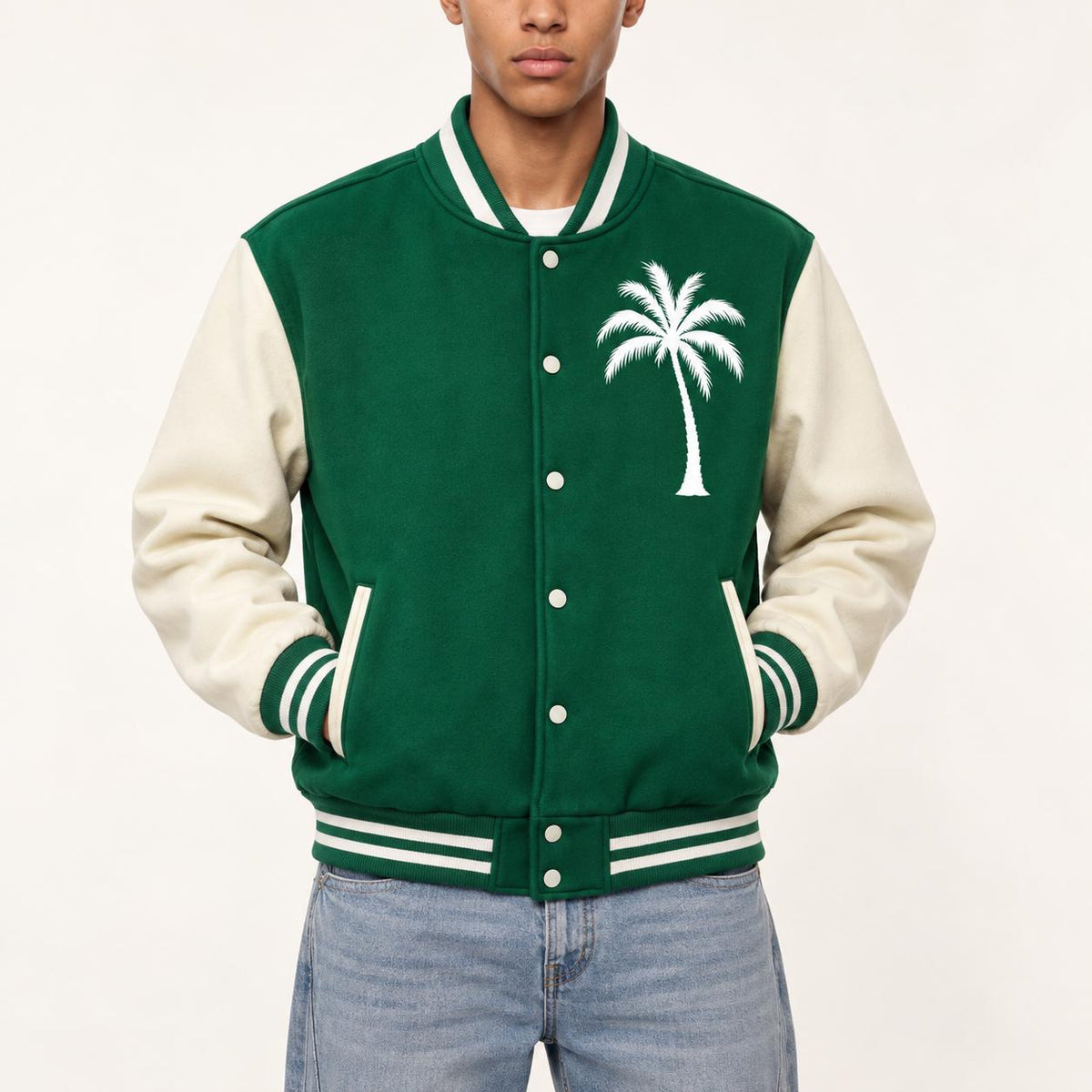 God Is Good Varsity Jacket, Green and Cream Palm Tree Letterman Jacket, Christian Streetwear