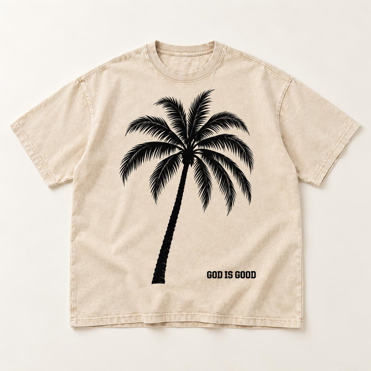God Is Good Palm Tree Oversized Tee, Cream Splatter Back, Limited Edition