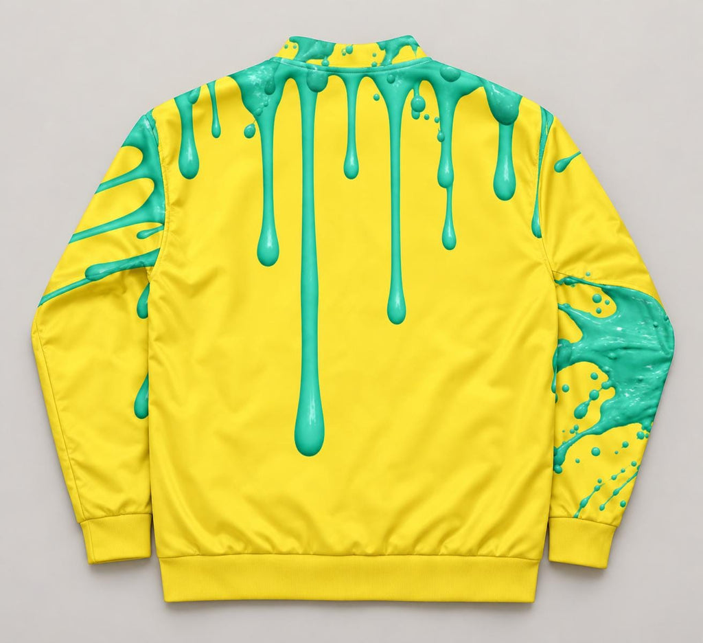 Limited Edition Yellow Bomber Jacket, Mint Green Paint Splatter Print, Zip Front Streetwear