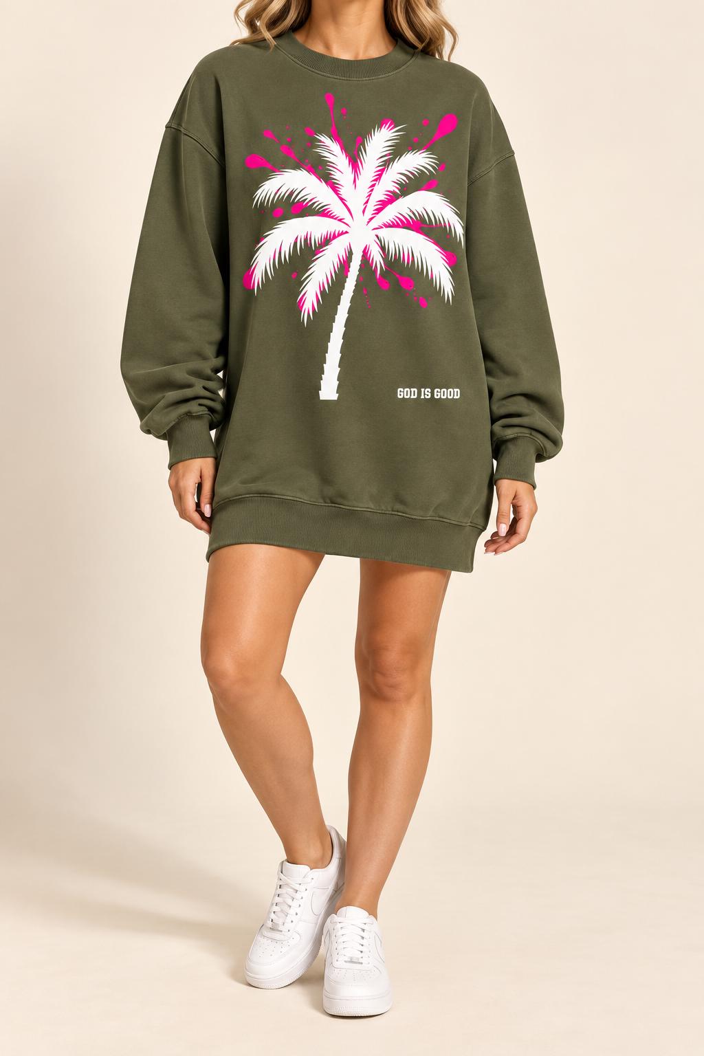 Olive Green Oversized Sweatshirt Dress, Pink Palm Tree Graphic, God Is Good Crewneck, I Love You Back Print, Limited Edition