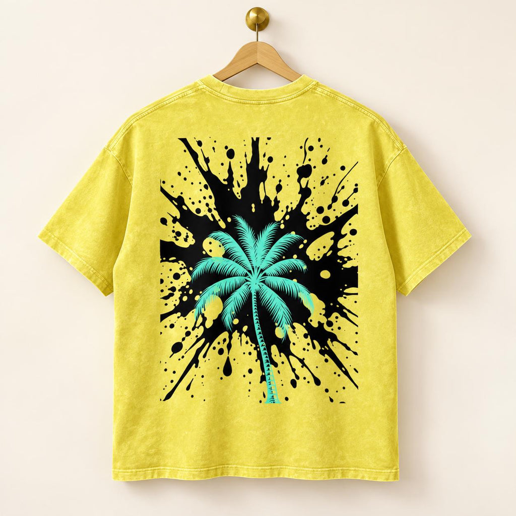 Yellow Oversized Palm Tree T-Shirt, Snow-Washed Cotton, Christian Streetwear