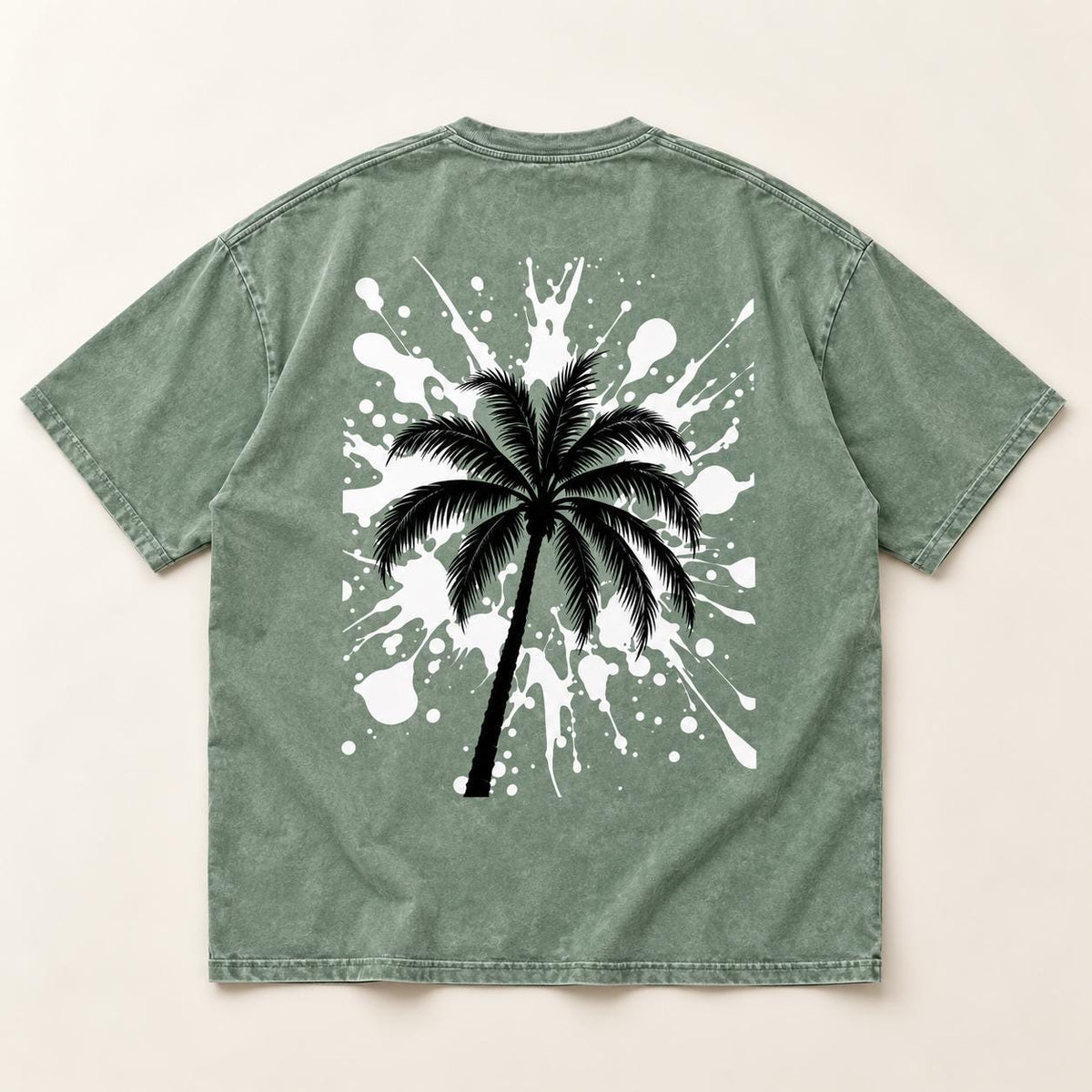 Sage Green Oversized Palm Tree Tee, Black Splatter Graphics, "God Is Good" Statement