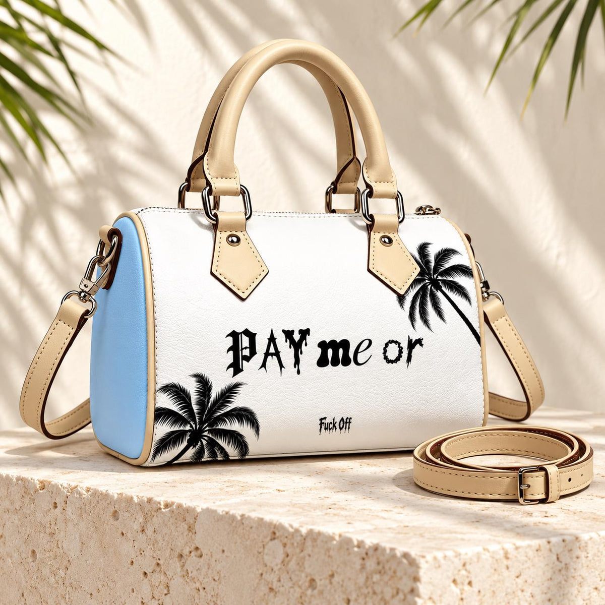 Limited Edition Baby Blues Leather Handbag – Palm Tree Print, Barrel Shape (1 of 100)