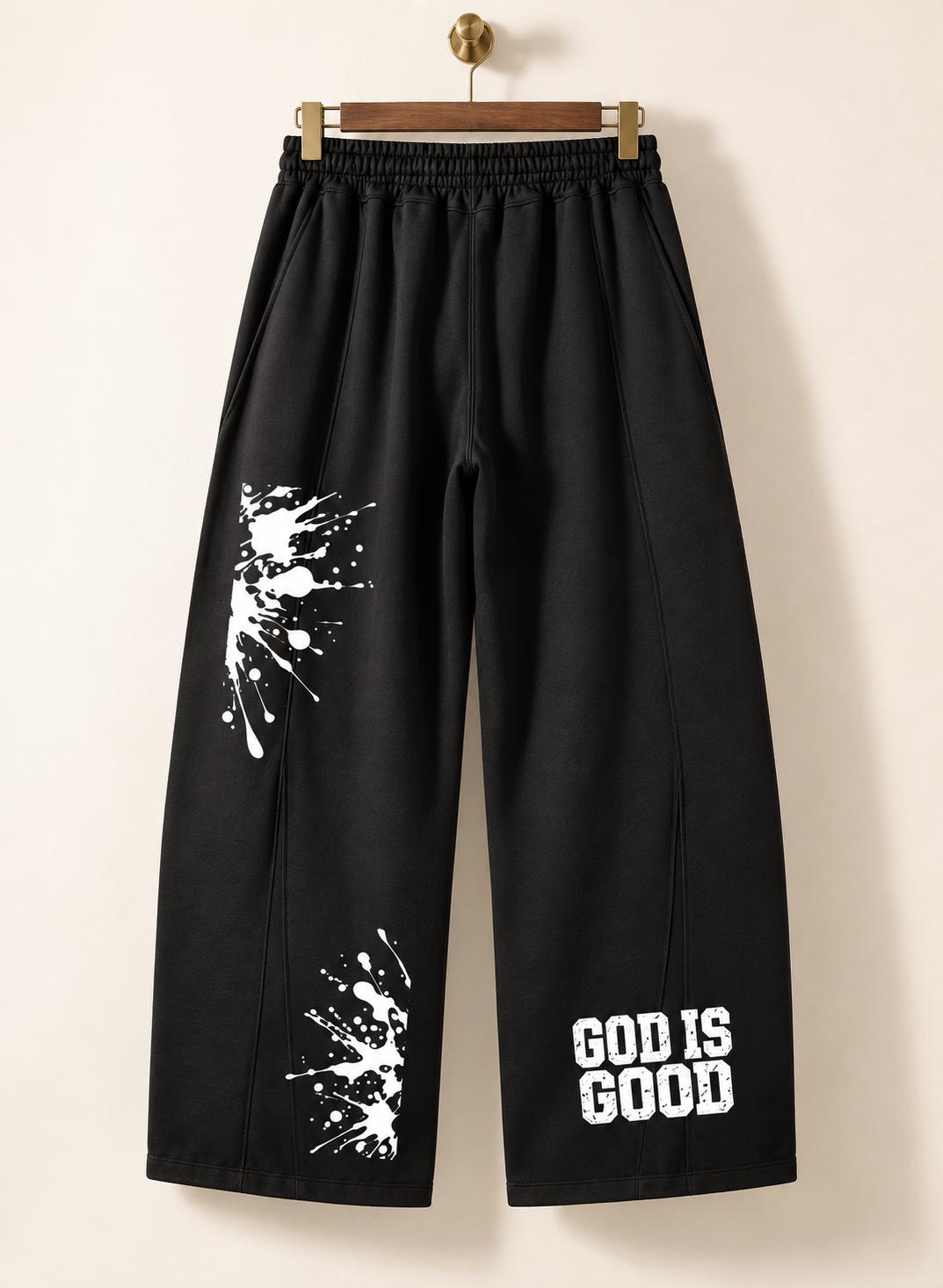 Black Palm Tree Sweatpants, White Splatter Wide Leg Pants, God Is Good Graphic Streetwear