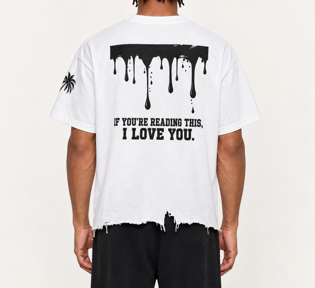 Oversized White T-Shirt, Black Palm Tree, Distressed Hem, Christian Streetwear