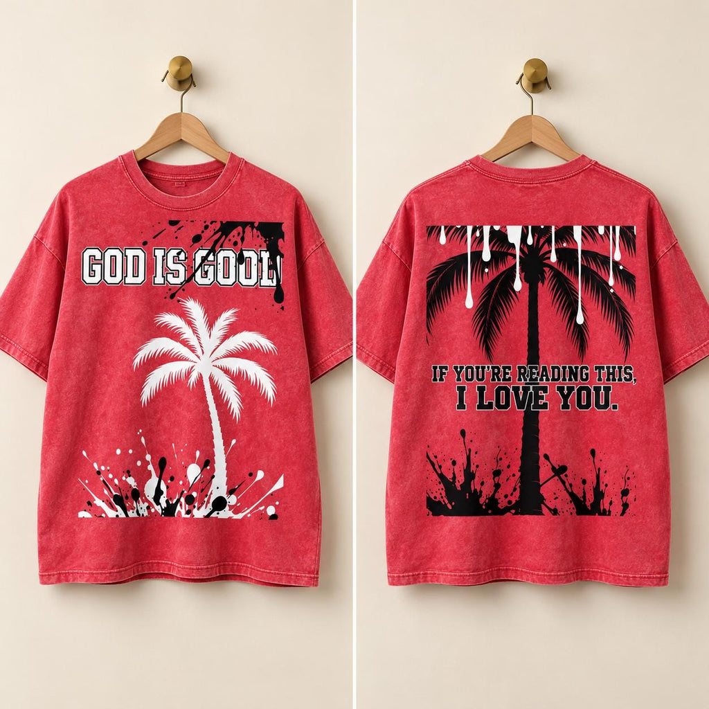 Washed Red Oversized T-Shirt, Palm Tree Graphic, Christian Streetwear (100% Cotton)