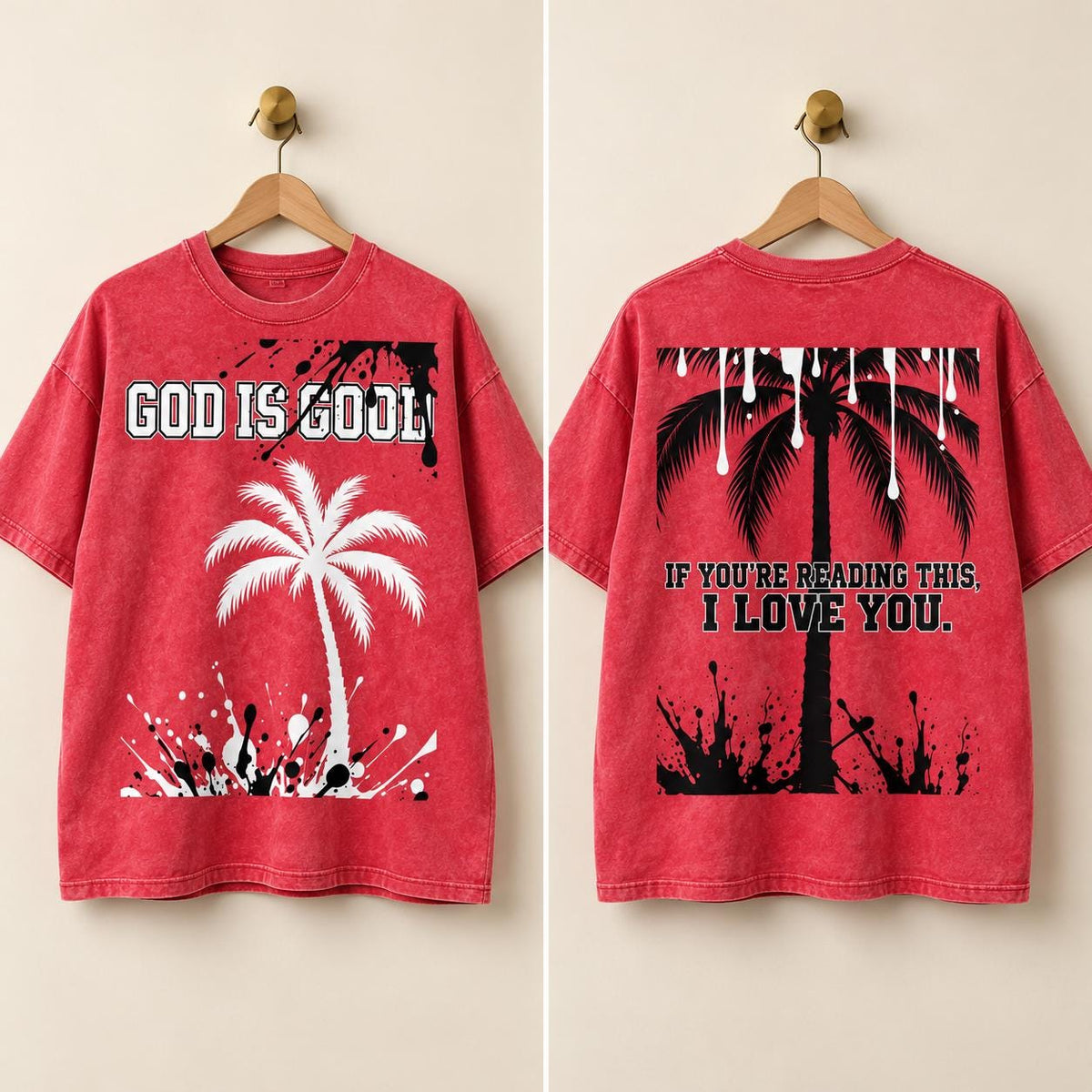 Washed Red Oversized T-Shirt, Palm Tree Graphic, Christian Streetwear (100% Cotton)