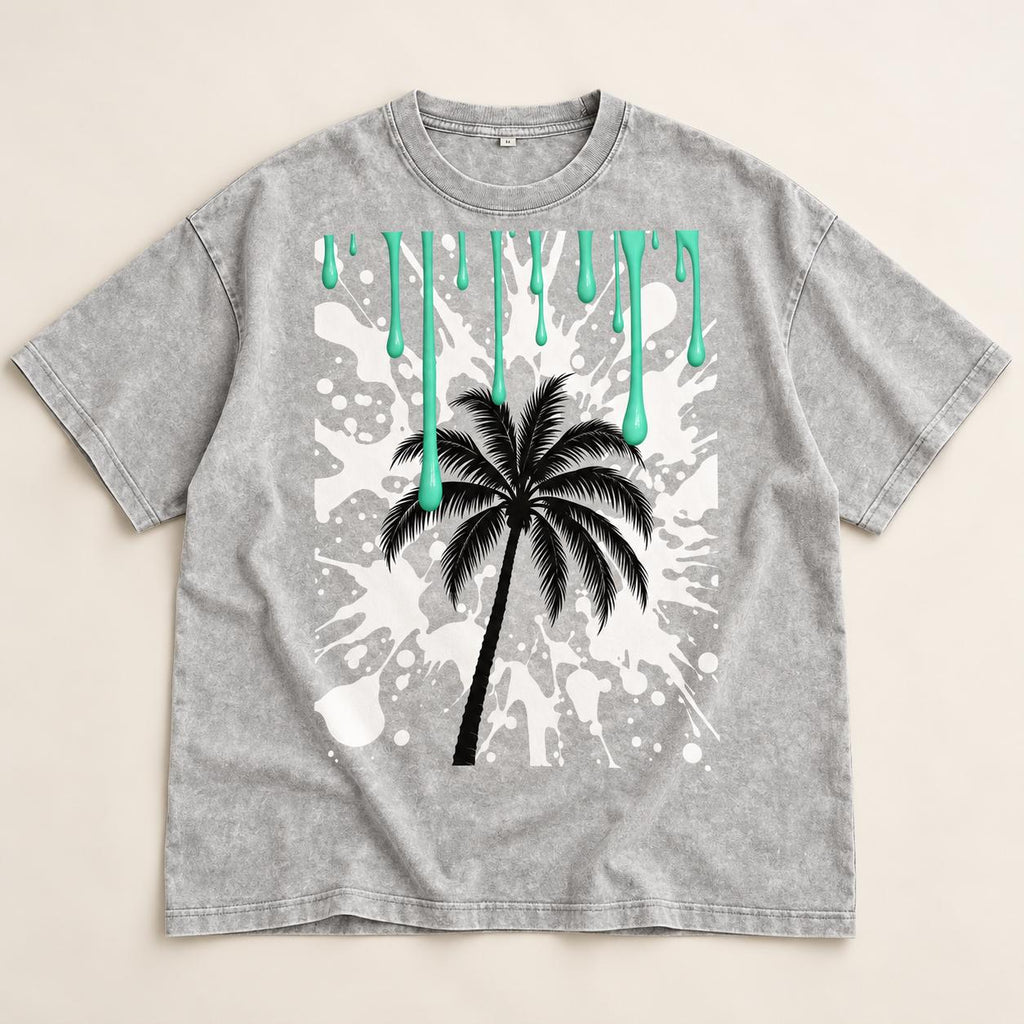 Oversized Palm Tree T-Shirt, Snow Washed Cotton, Mint Paint Drip Design (Unisex)