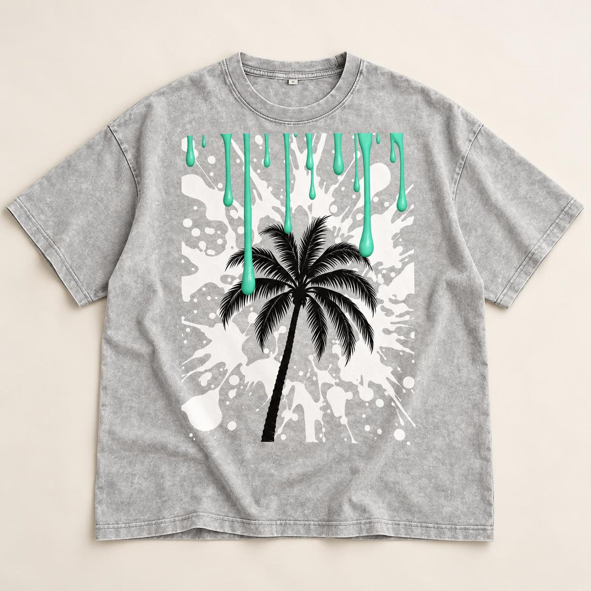 Oversized Palm Tree T-Shirt, Snow Washed Cotton, Mint Paint Drip Design (Unisex)