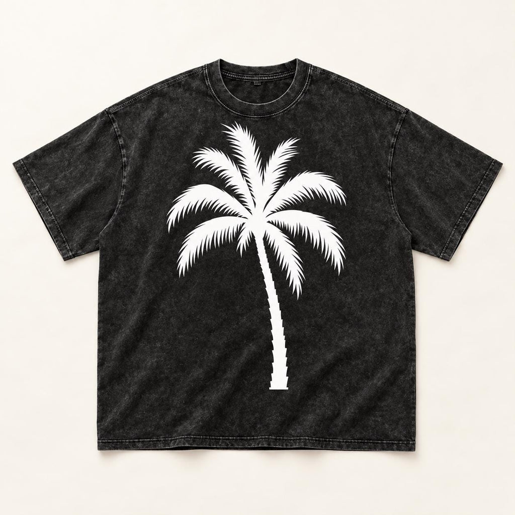Washed Black Palm Tree T-Shirt, Oversized Graphic Tee with White Splatter Back