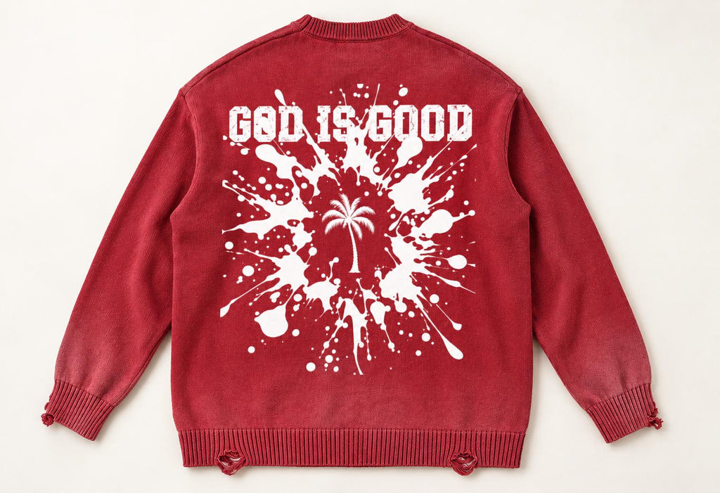 Red Distressed Knit Sweater, Palm Tree, Paint Splatter, Streetwear