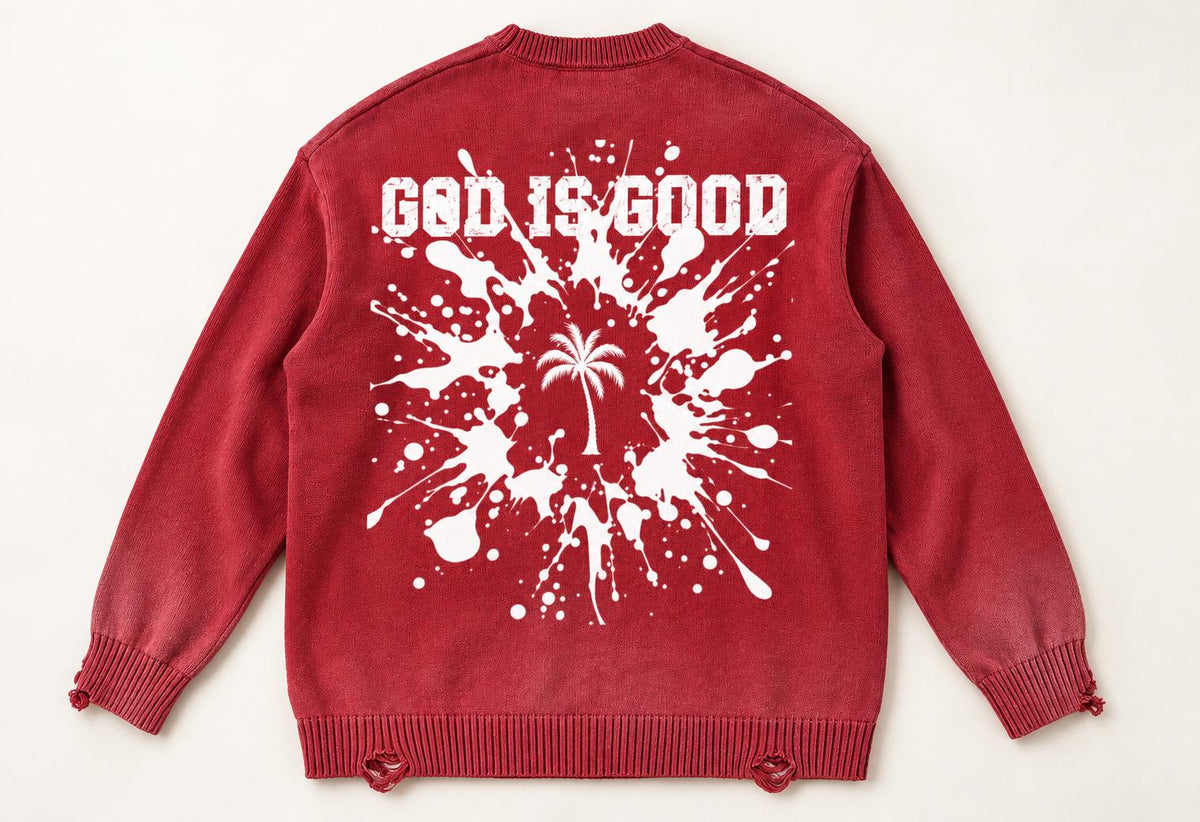 Red Distressed Knit Sweater, Palm Tree, Paint Splatter, Streetwear
