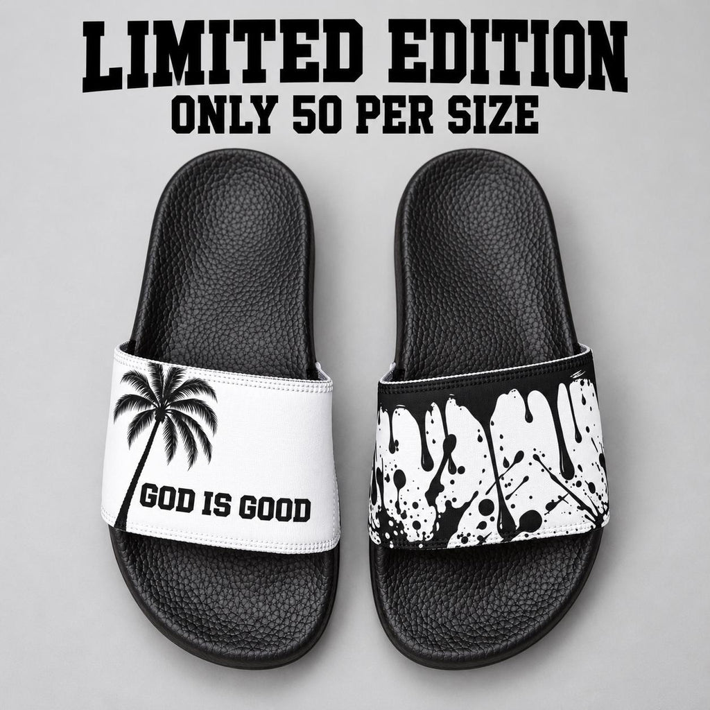 Limited Edition Palm Tree Drip Slides – Black & White Faith Streetwear