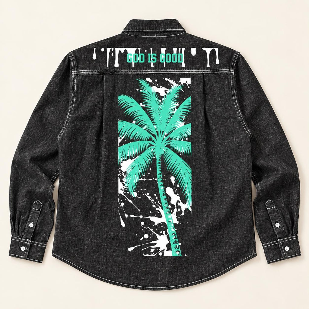 Washed Black Denim Shirt, Palm Tree & Paint Splatter Graphics, Men's Long Sleeve Button-Up