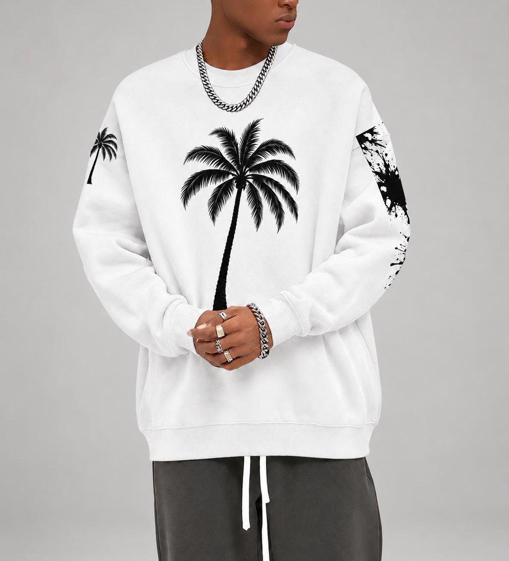 God Is Good Palm Tree Sweatshirt, Paint Splatter Sleeves, Christian Streetwear
