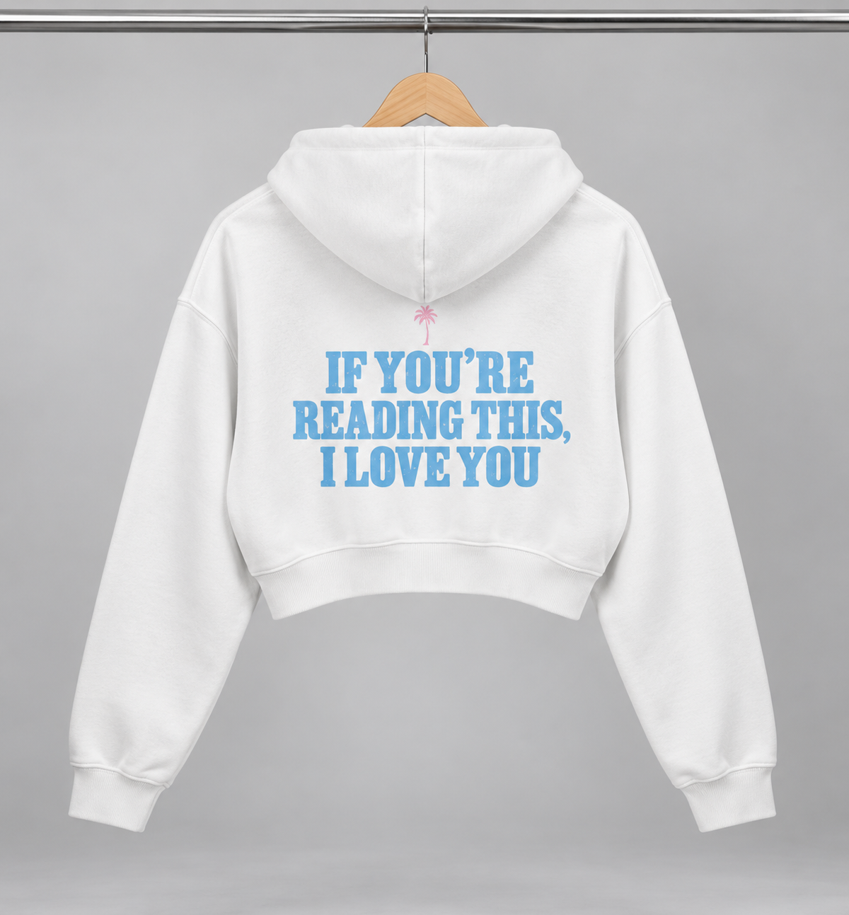 White Lynem Essential Cropped Hoodie / Baby Blue Print