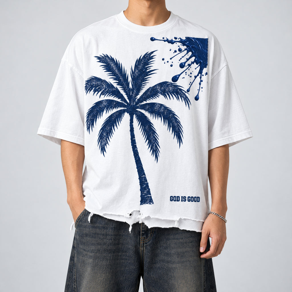 Navy Palm White Tee