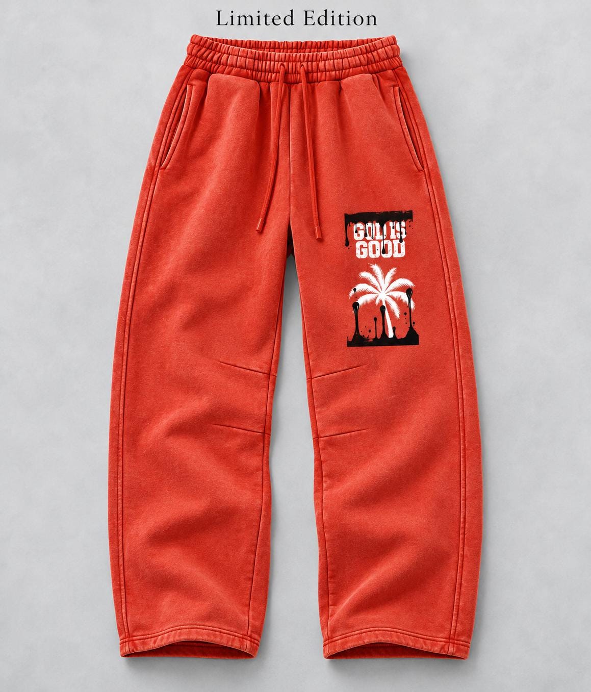 God Is Good Red Orange Sweatpants, Palm Tree Graphic Pants, Relaxed Wide Leg Streetwear