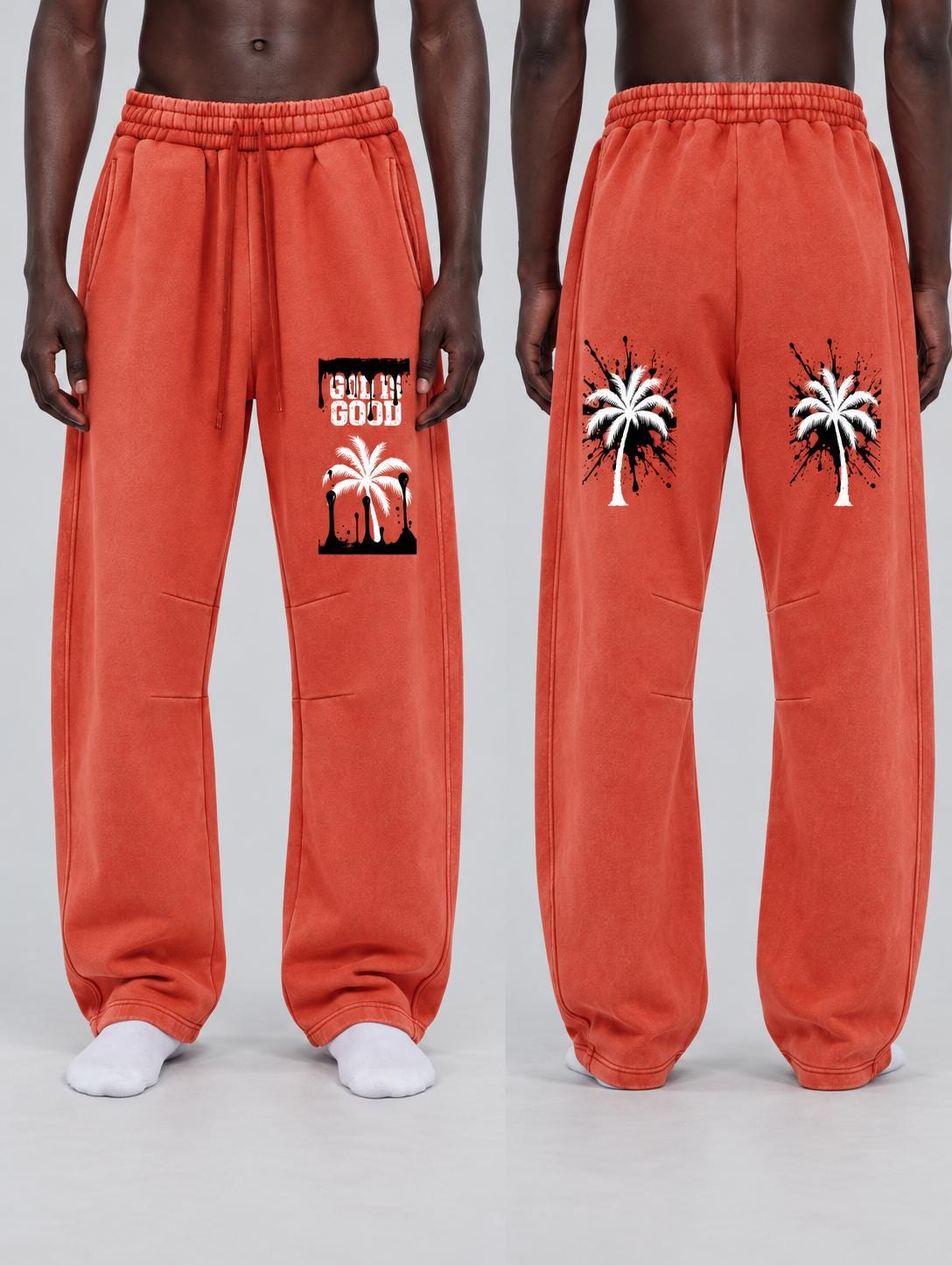 God Is Good Red Orange Sweatpants, Palm Tree Graphic Pants, Relaxed Wide Leg Streetwear