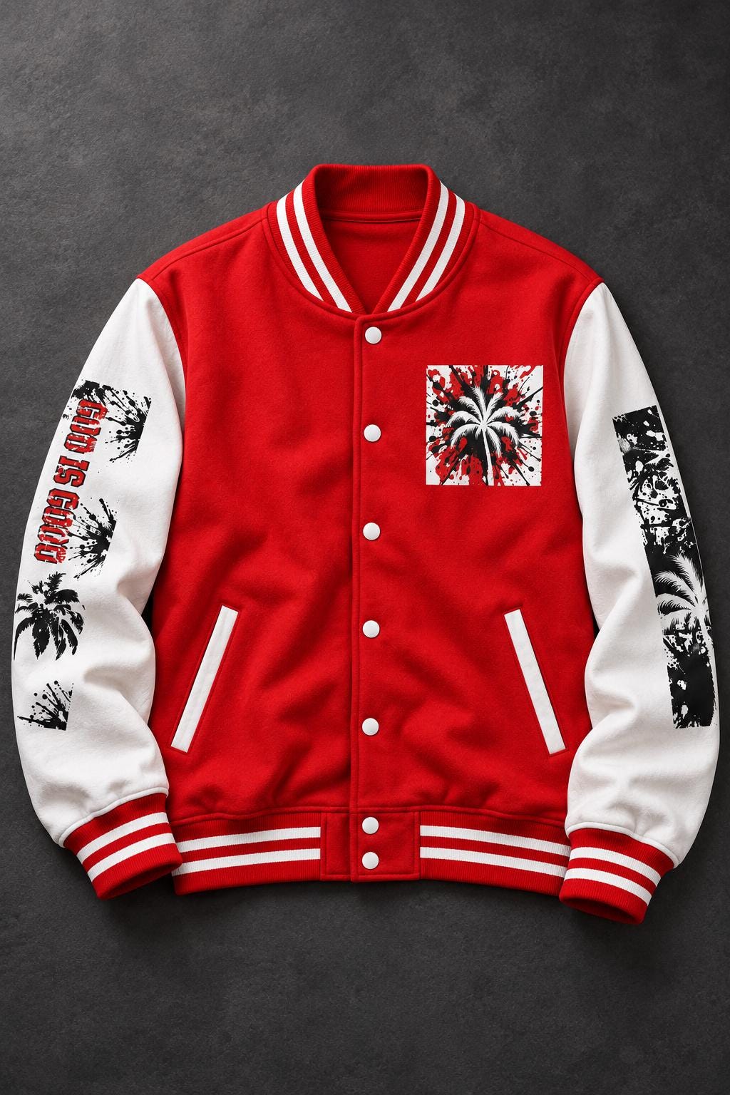 Limited Edition Red Varsity Jacket – God Is Good 88 Palm Tree Graphic (Only 50 Made)